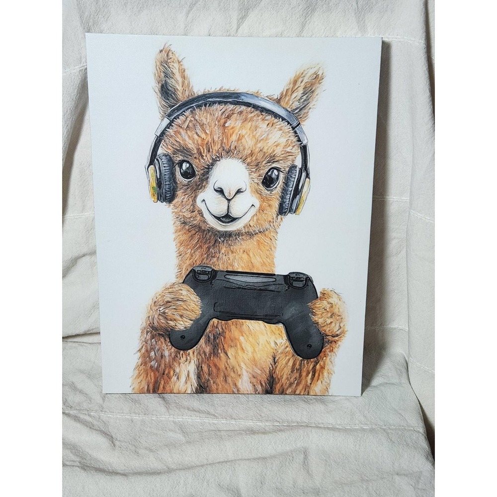 Llama Gamer Canvas Wall Art Gaming Room Decor 12x16 Animal with Headphones
